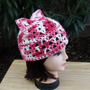 Summer Pussy Cat Hat, Red White & Pink PussyHat with Ears, 100% Cotton Lightweight Lace Crochet Knit Thin Warm Weather Beanie, Ready to Ship in 3 Days
