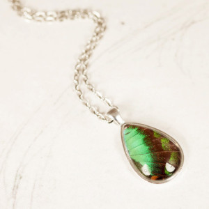Real Butterfly Jewelry - Real Butterfly Wing Necklace - Emerald Pendant - May Birthstone - Gift for Her - Tear Drop Pendant