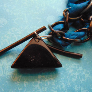 Silver Foil Triangular Multi Colored Pendant With Black Bamboo Sticks Black and Light Blue Industrial Chain Dark Turquoise Silk Necklace