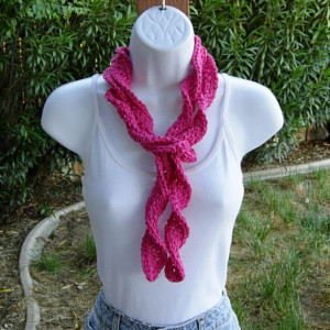 Solid Hot Pink Skinny SUMMER SCARF Small 100% Cotton Spiral Crochet Knit Narrow Lightweight Warm Weather Dark Pink Scarf, Ready to Ship in 2 Days