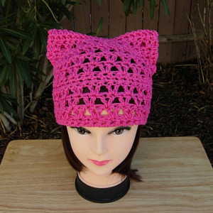 Hot Pink Pussy Cat Hat, Summer PussyHat, 100% Cotton Lightweight Lace Crochet Knit Solid Bright Dark Raspberry Pink Thin Soft Warm Weather Spring Beanie, Ready to Ship in 3 Days