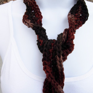 Dark Brown, Taupe, Rust Skinny SUMMER SCARF with Twists Women's Small Soft Spiral Knit Narrow Lightweight Neck Tie, Ready to Ship in 2 Days