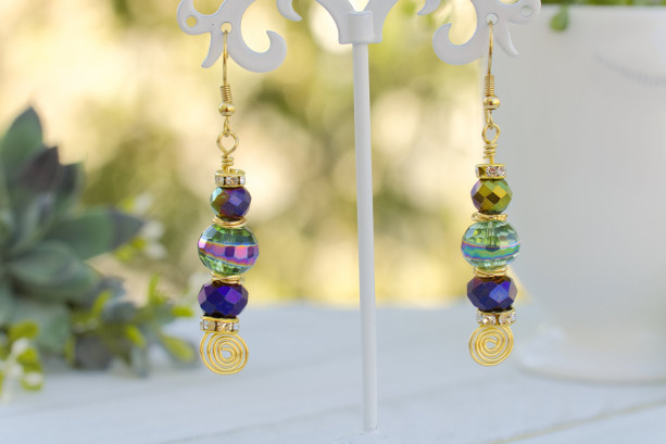 Disco Glass Earrings, Purple Earrings, Multi Color Beads, Gold Color Tarnish Free Wire