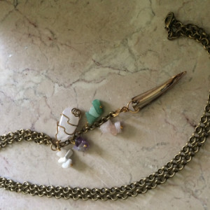 Boho Long Necklace with mother pearl claw pendant and stones charms, #N00148