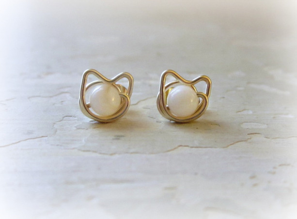 Small White Cat Stud, Gold Filled Posts, Pet Lover, Kitty Stud Earrings, Mother of Pearl Studs, Cat Jewelry, Kitty Cat, Cat Post Earrings