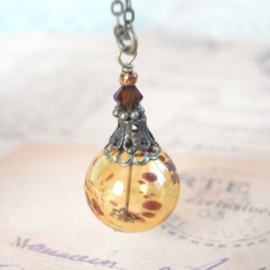 Necklace Yellow and Brown Color Hollow Glass Beads Fall Autumn Looks Like Amber Dot Pendant Bubble Antique Style Brass Handmade Jewelry