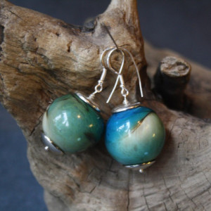 Dark Turquoise Ivory Glass Blown Earrings - Cosmic Space Planets - Light - Silver Accessories - Anatoly Made