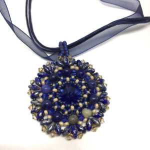 Sapphire Blue and Sodalite Stone Crystal Pendant on Ribbon Necklace