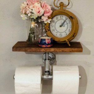 Double Roll Toilet Paper Holder & Shelf -- Extra Large Industrial, Rustic,  Farmhouse, Steampunk Bathroom Decor, Organization, and Storage