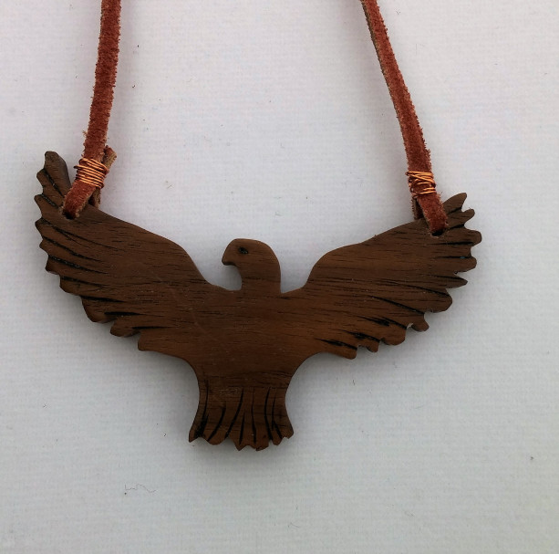 Handcrafted Walnut Eagle Necklace on Leather Cord