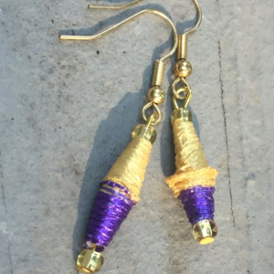 Handmade Paper bead earrings, hippy earrings, paper earrings, LSU earrings, gameday
