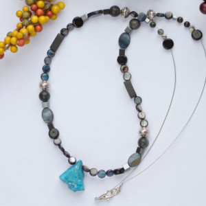 Blue agate semi precious stone dark style beaded necklace/Nickel free/Tibetan silver,river shell,onyx/Blue,black,white,silver