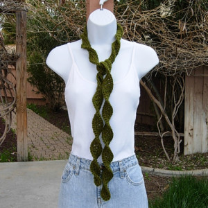 Women's Solid Dark Olive Green Skinny SUMMER SCARF Small Soft Spiral Knit Narrow Lightweight Twisted Crochet Knit, Ready to Ship in 2 Days
