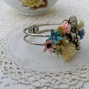 Vintage Inspired Jewelry, Flower Bracelet, Repurposed Vintage Jewelry, Cuff Bracelet Silver, Statement Bracelet, Wedding Jewelry for Brides
