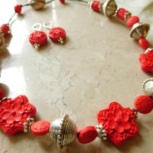 Red and bold Cinnabar Carved beads Necklace and matching earrings set.#NBES0101