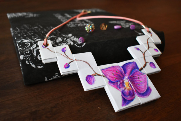 Paper Handmade Orchid Flower Handpainted Origami Necklace. Pink Purple.  Swarovski Crystals.