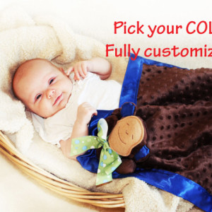 Brown Minky Monkey Security Blanket, Lovey Blanket, Satin, Baby Blanket, Stuffed Animal, Baby Toy - Customize Color
