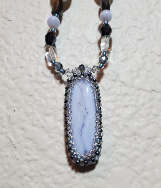 Necklace/Earrings - Blue Lace Agate in Glass Beaded Bezel, ID - 292