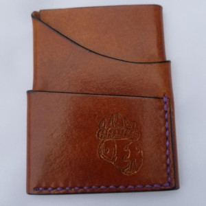 Leather Card Wallet Light brown with purple thread