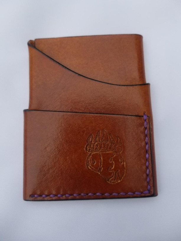 Leather Card Wallet Light brown with purple thread