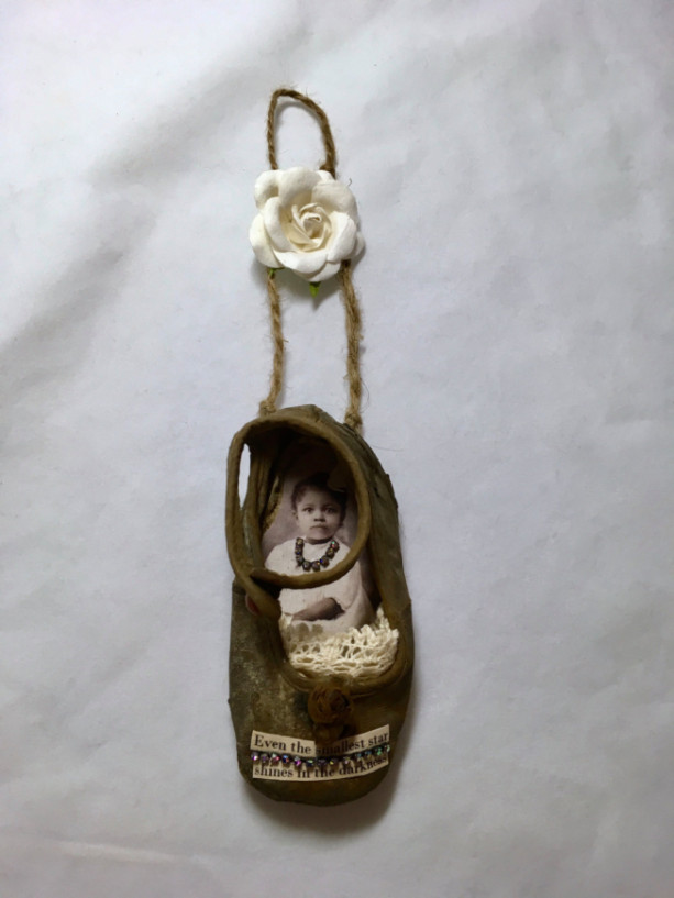 Sweet Antique Altered Baby Shoe Inspirational Quote