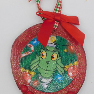 Grinch Christmas Ornament, Wooden Ornament, Funny Decoupaged Ornament,