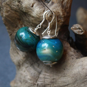 Dark Turquoise Ivory Glass Blown Earrings - Cosmic Space Planets - Light - Silver Accessories - Anatoly Made