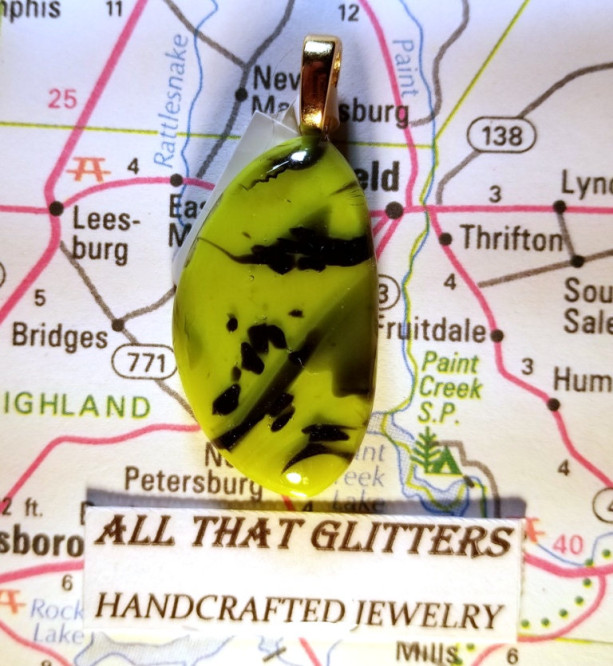 Green and Black Dichroic Fused Glass Pendant with a Sterling Silver Finding.