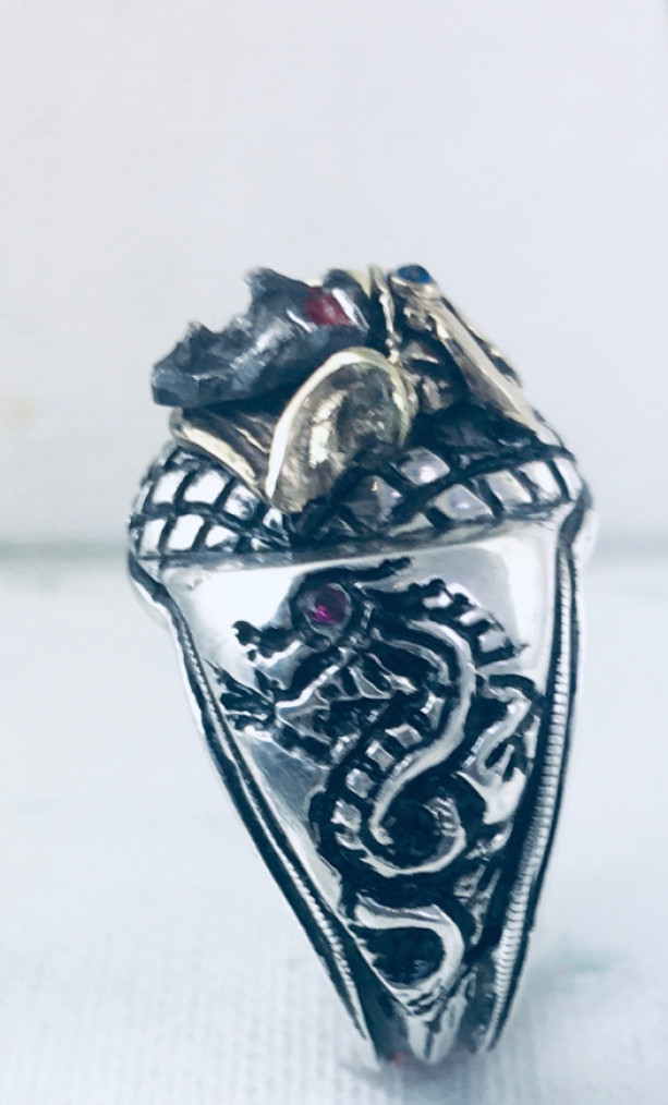 10k Gold Samurai Artisan Made sterling silver Dragon ring