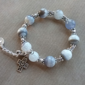 One Decade Rosary Bracelet of Agate, Silver Findings, Medals