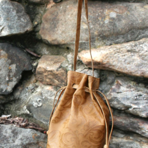 Camel Leather Bucket Bag, tan leather crossbody, embossed women's purse