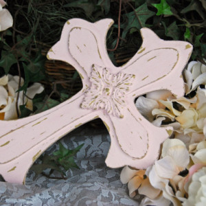 Shabby cottage chic cross, Distressed pink & gold painted wooden cross, Pink nursery decor, Baby girl wall decor, Baby shower gift, Gift ideas