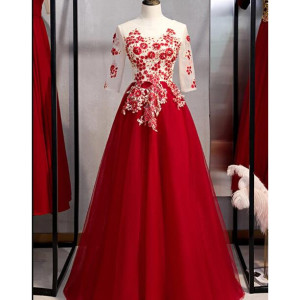 New Arrivals Burgundy Tulle 3/4 Sleeves Round Neck Lace Up Prom Dress With Applique