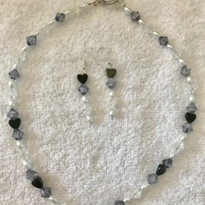 Hearts on Ice handmade beaded necklace/earrings aet 18" long