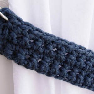 Blue Curtain Tiebacks Tie Backs Set, One Pair of Solid Medium Denim Blue Drapery Drapes Holders, Crochet Knit, Basic Simple Bedroom Decor, Ready to Ship in 2 Days