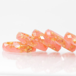 Resin Ring - Coral Faceted Eco Resin Ring with Gold Flakes