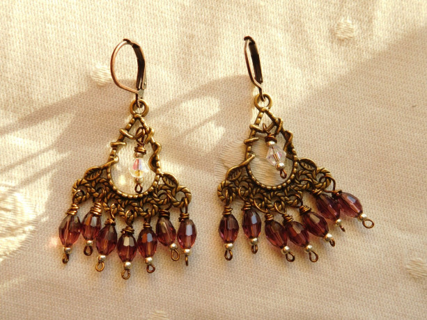 Bohemian Chandelier bronze tone earrings with purple crystal glass beads and seed beads. E00287