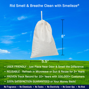 SMELLEZE Reusable Mothball Smell Removal Deodorizer Pouch: Rids Chemical Odor Without Scents in 150 Sq. Ft. 