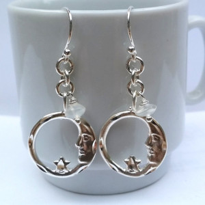 Moon and Stars Dangle Earrings - Sterling Silver and Natural Moonstone