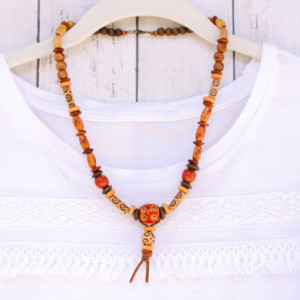 Wood Beaded Necklace, Earthy Necklace, Bohemian Colorful Necklace