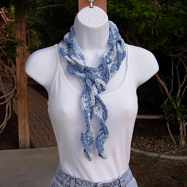 Faded Denim Blue Skinny SUMMER SCARF Small 100% Cotton Spiral Crochet Knit Narrow Lightweight Warm Weather Scarf, Ready to Ship in 3 Days