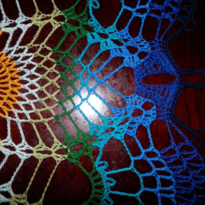 Stunning Handmade Crochet Tablecloth Doily, 35.5" "Rainbow Peacock Tail", Cotton 100 %