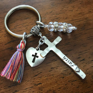Religious Tassel Keychain, Christian Keyring, Bag Charm, Purse Clip, Cross Keychain, Gift for Her, Religious Accessories, Graduation Gift