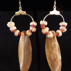 Iridescent Shells with Hawaiian Tiger Puka Shells and Pink Sea Glass Bead Hoop Earrings