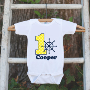 First Birthday Nautical Outfit - Personalized Bodysuit For Boy's 1st Birthday Party - Yellow and Navy Boat Wheel Birthday Party Onepiece
