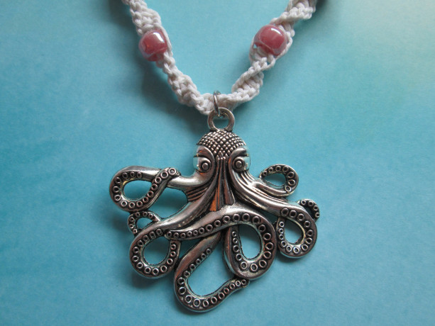 Handmade White Hemp Necklace with Steampunk Silver Octopus Charm Pendant and Pink Glass Beads- Steampunk Necklace- Octopus Jewelry