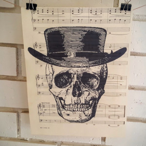 Upcycled Sheet Music Print – Vintage Skull in Hat