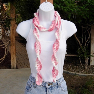Pink & White Skinny SUMMER SCARF Small 100% Cotton Spiral Twisted Narrow Lightweight Women's Crochet Knit Necklace, Ready to Ship in 3 Days