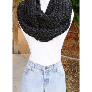 Large Wide INFINITY SCARF Cowl Loop, Charcoal Dark Gray with Black, Bulky Chunky Soft Wool Blend Crochet Knit Winter Circle Big Wrap