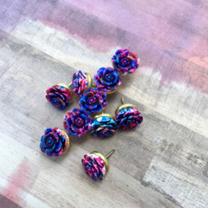 Multi-colored Rose Pushpins (Set of 10), Thumbtacks, Office, Locker, Fridge, Cork board,